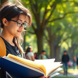 University student in a vibrant campus environment with books.