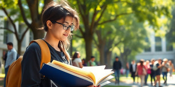 University student in a vibrant campus environment with books.