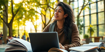 University student studying in a vibrant campus environment.