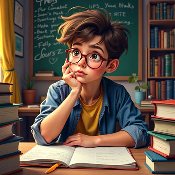 Estudiante reflexivo contemplando la pregunta de tesis con libros.