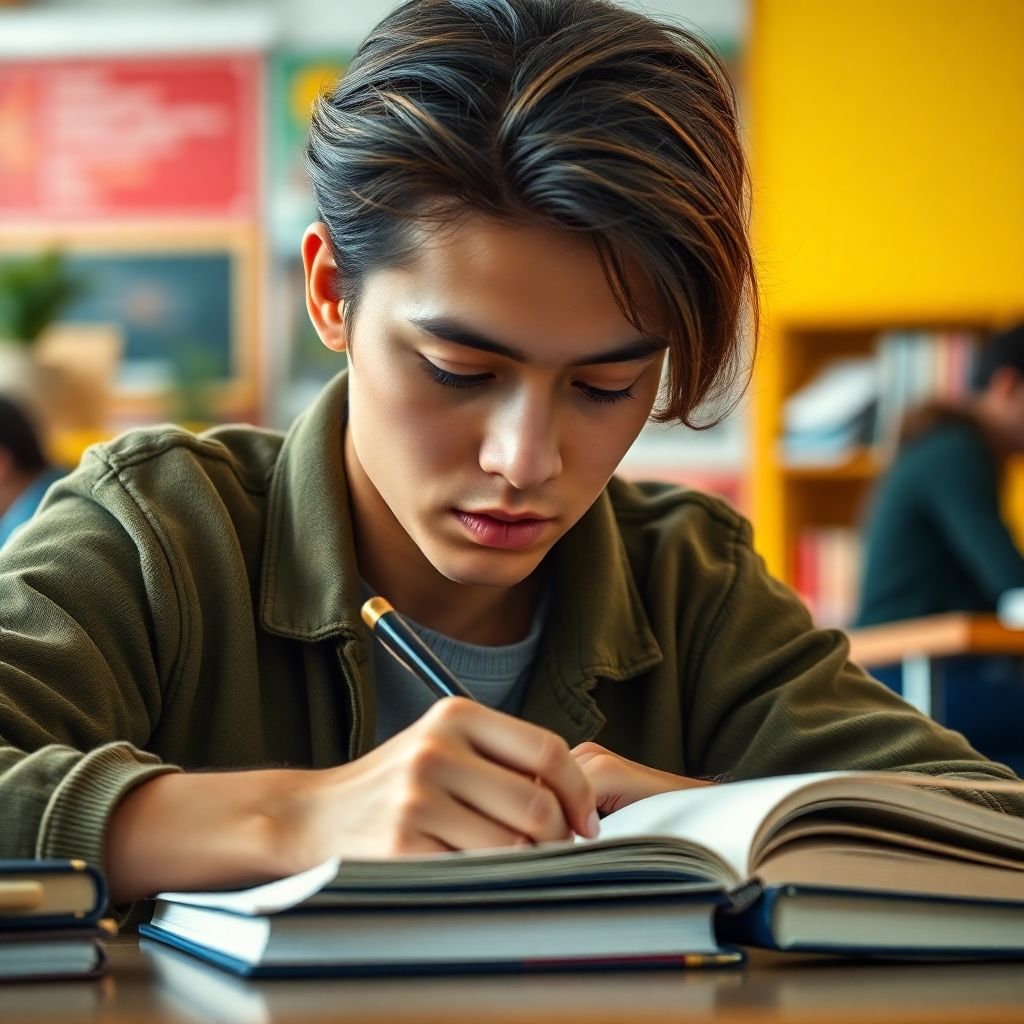 University student writing in a vibrant study environment.