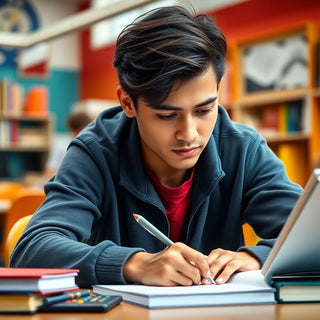Estudante universitário concentrado escrevendo em um ambiente vibrante.