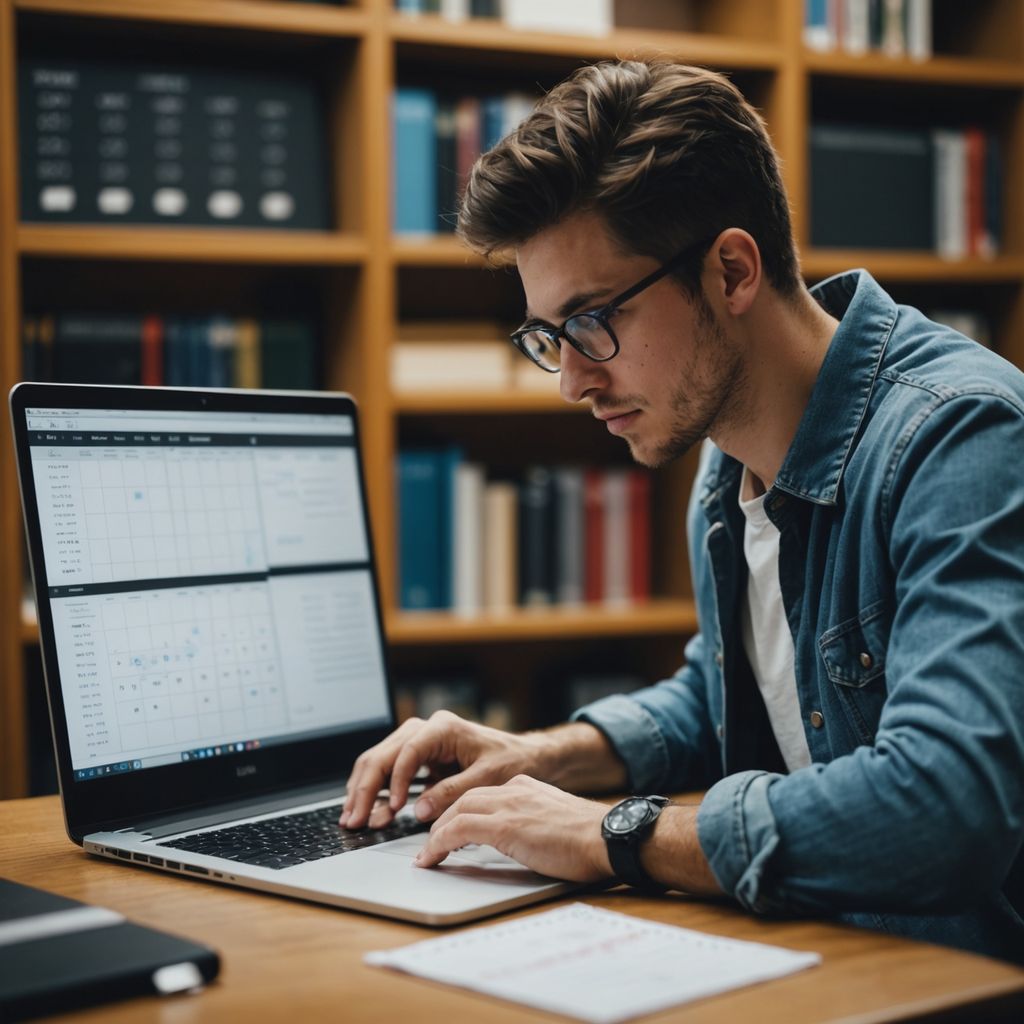 Student with calendar and laptop planning thesis in library