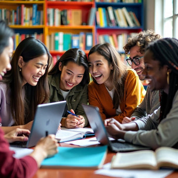 Students collaborating on thesis writing in a vibrant setting.