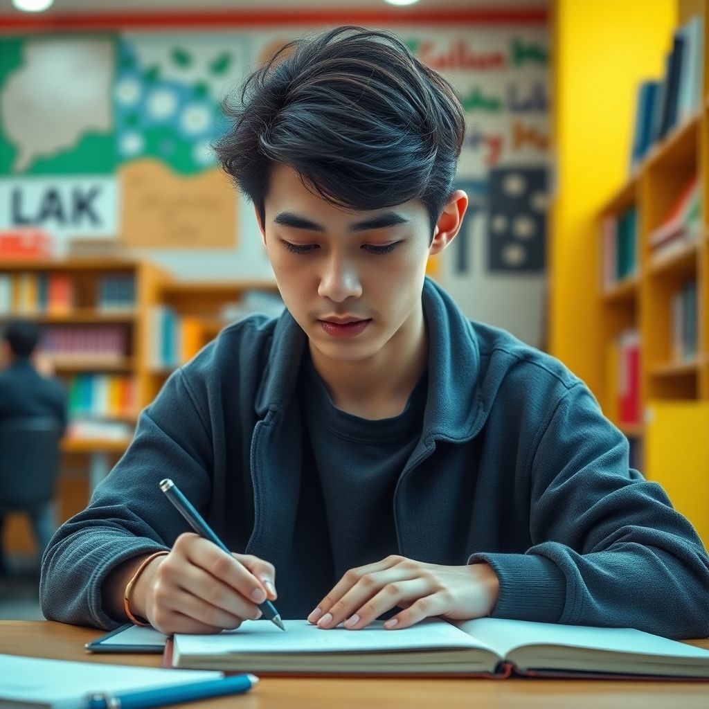 University student writing in a vibrant study environment.