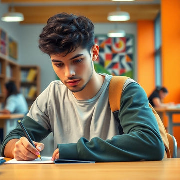 Estudiante universitario escribiendo en un ambiente vibrante.