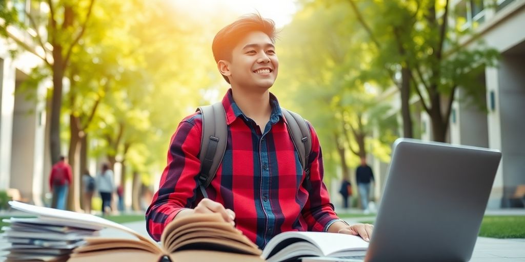 Estudante universitário em um ambiente de campus vibrante.