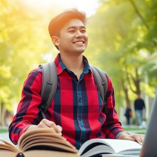 Estudante universitário em um ambiente de campus vibrante.