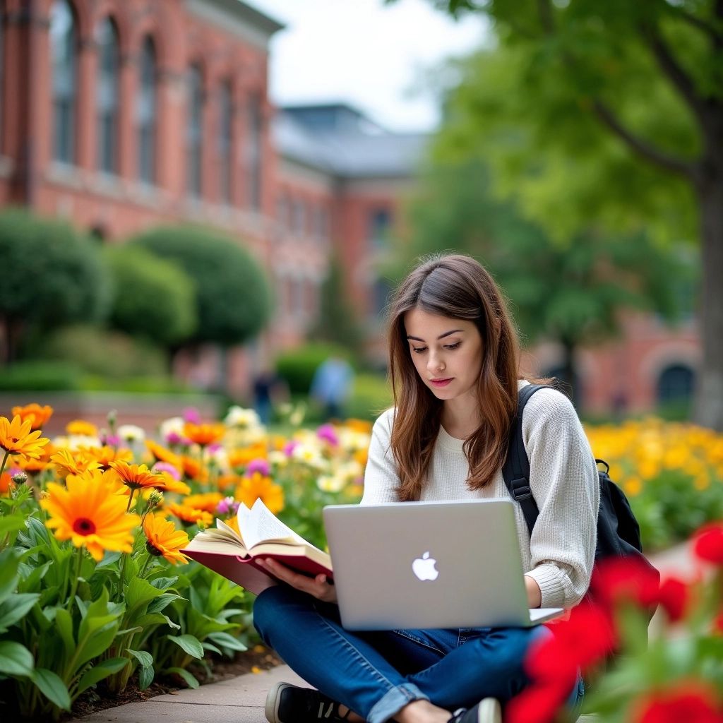 Estudiante estudiando en un ambiente universitario animado.