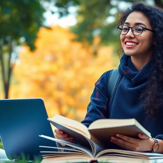 University student surrounded by books and a laptop outdoors.