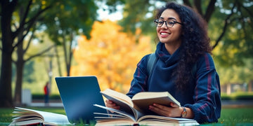 University student surrounded by books and a laptop outdoors.