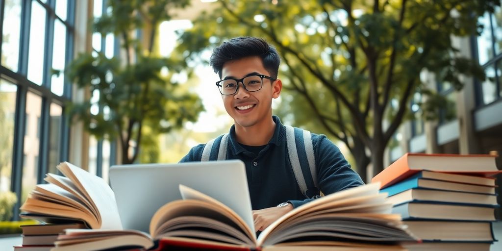 University student on a vibrant campus with books and laptop.