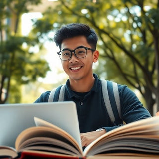 University student on a vibrant campus with books and laptop.