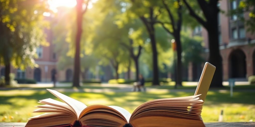 University student studying in a vibrant campus environment.