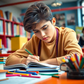 University student writing in a vibrant, colorful study environment.