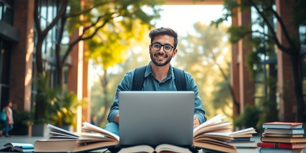 Estudante universitário em um campus vibrante e acolhedor.