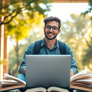 Estudante universitário em um campus vibrante e acolhedor.