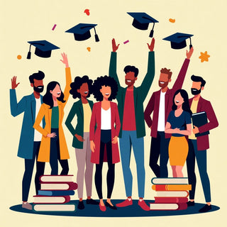 Students celebrating academic success with books and caps.