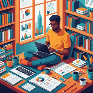 Estudiante escribiendo un trabajo de investigación con libros y laptop