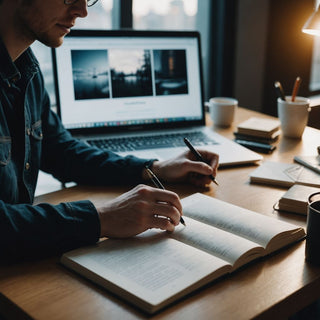 Student writing thesis with books and laptop on desk