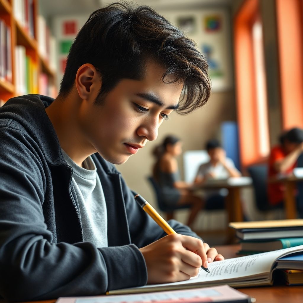 University student writing in a colorful study environment.