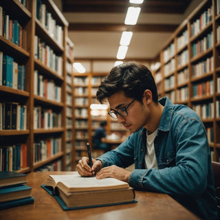 Estudiante trabajando en su tesis en una biblioteca.