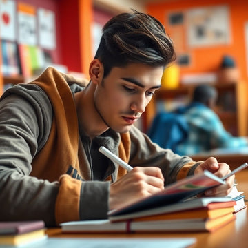 Estudiante universitario escribiendo en un ambiente colorido.