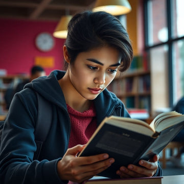 University student reading in a vibrant study environment.