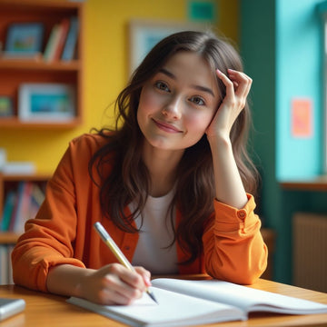 Estudante universitário escrevendo em um ambiente colorido.