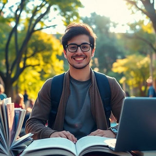 University student in a vibrant campus environment with books.