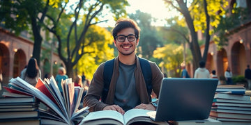 University student in a vibrant campus environment with books.