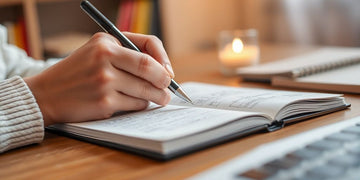 Student pondering dissertation topic, surrounded by open books.