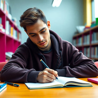 University student writing in a vibrant study environment.