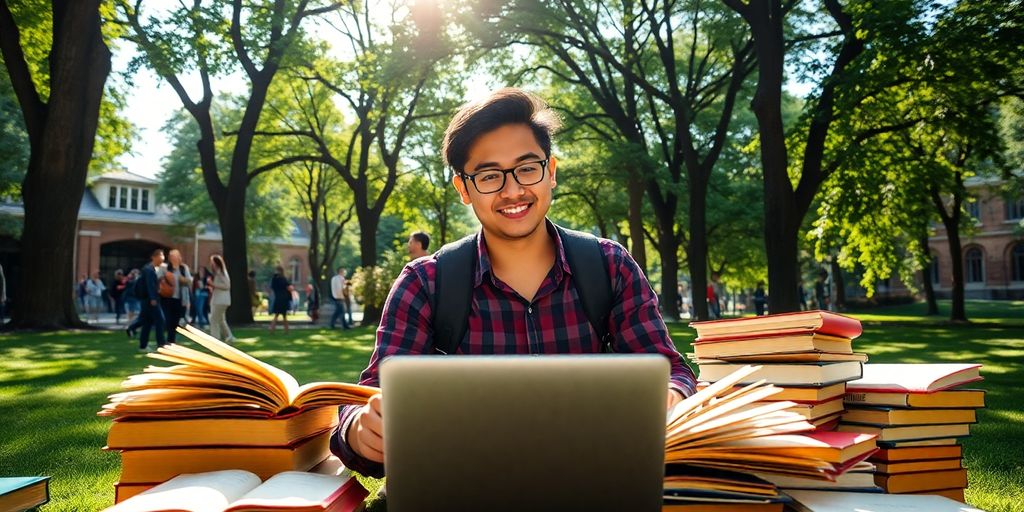 University student in a vibrant campus studying.