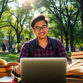 University student in a vibrant campus studying.