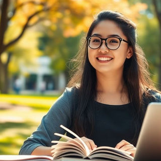 University student surrounded by books in a vibrant campus.