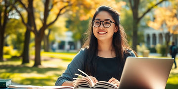 University student surrounded by books in a vibrant campus.