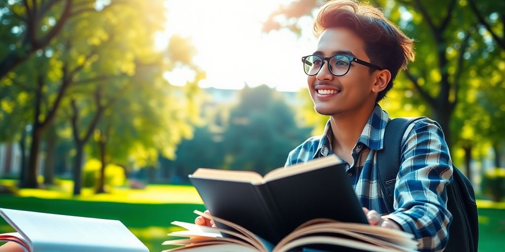 University student studying in a vibrant campus setting.