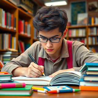 University student writing in a vibrant study environment.