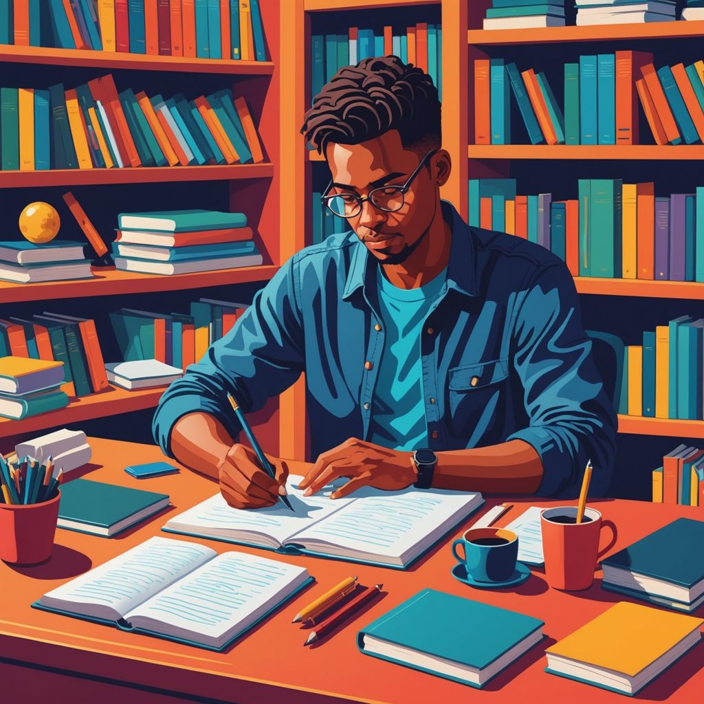 Person writing at a desk with books and laptop