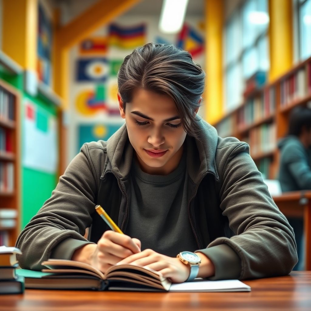 University student writing in a vibrant study environment.