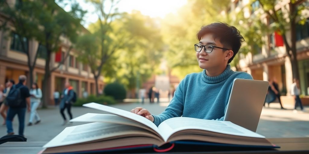 University student studying on a vibrant campus, filled with light.