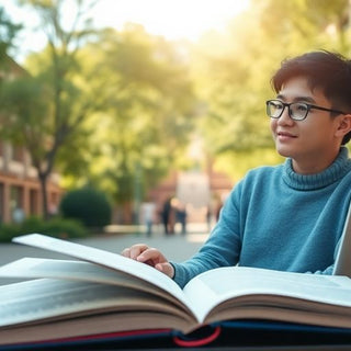 University student studying on a vibrant campus, filled with light.