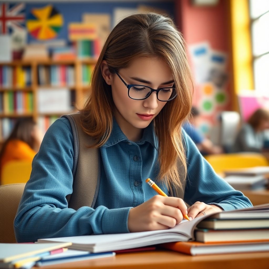 Estudante universitário escrevendo em um ambiente colorido.