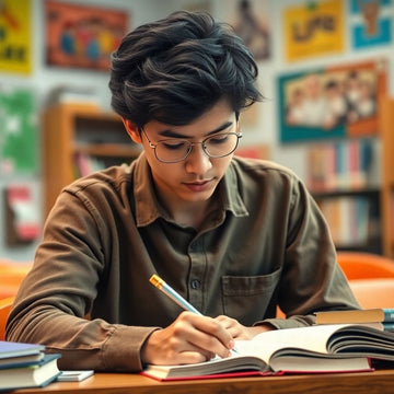 University student writing in a vibrant study environment.