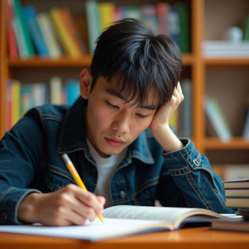 Mahasiswa universitas menulis di lingkungan yang penuh semangat.