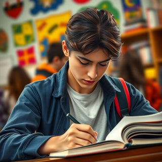 University student writing in a vibrant study environment.