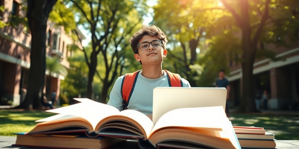 University student in a vibrant campus filled with books.