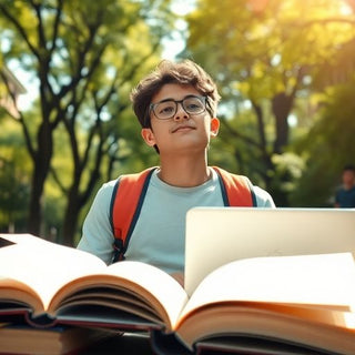 University student in a vibrant campus filled with books.