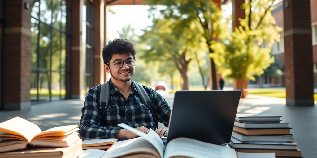 University student in a vibrant academic environment with books.